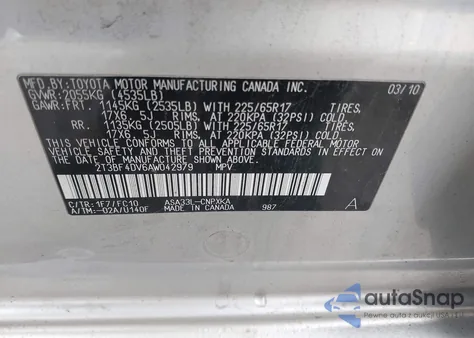 2010 Toyota Rav4 from USA, damaged, VIN 2T3BF4DV6AW042979